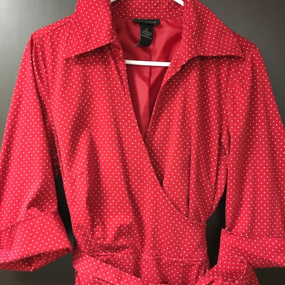 Red polka dot faux wrap dress